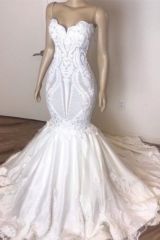 Sweetheart Mermaid Wedding Gown Featuring Long Lace Appliques
