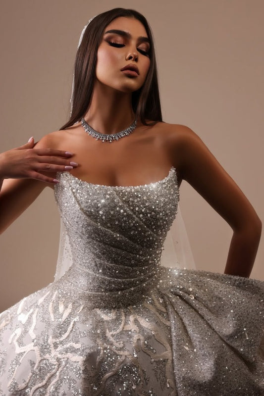 Sliver Strapless Long Prom Dress A-Line Sleeveless with Sequins