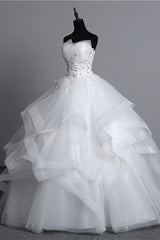 Strapless Long Wedding Dress with Modest Ball Gown Silhouette and Tulle Layers, Beaded Appliques