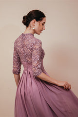 New Arrival Wisteria Half Sleeves Chiffon Prom Dress Long With Lace