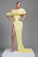 New Arrival Dffodil Sequins Prom Dress Mermaid Split Off-the-Shoulder