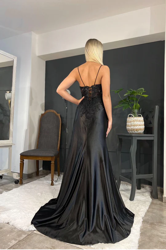 Black Lace Printed Prom Dress Long with High Slit