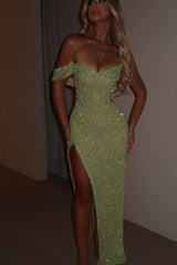 Green Long Prom Dress Sleeveless Split with Sequins