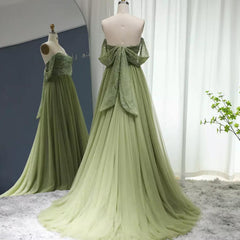 Classic Off-the-Shoulder Sage Prom Dress Sequins Long Tulle With Beads