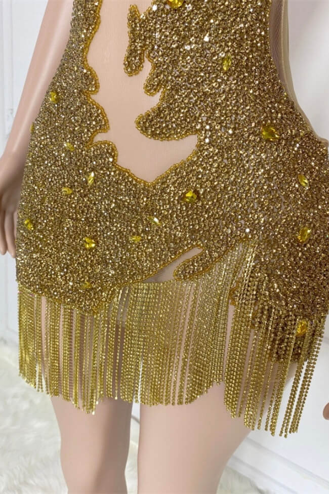Modern Gold Spaghetti-Straps Sleeveless Short Prom Dress With Beadings Tassels
