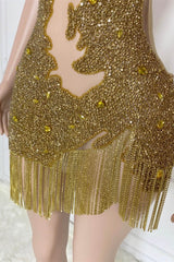 Modern Gold Spaghetti-Straps Sleeveless Short Prom Dress With Beadings Tassels