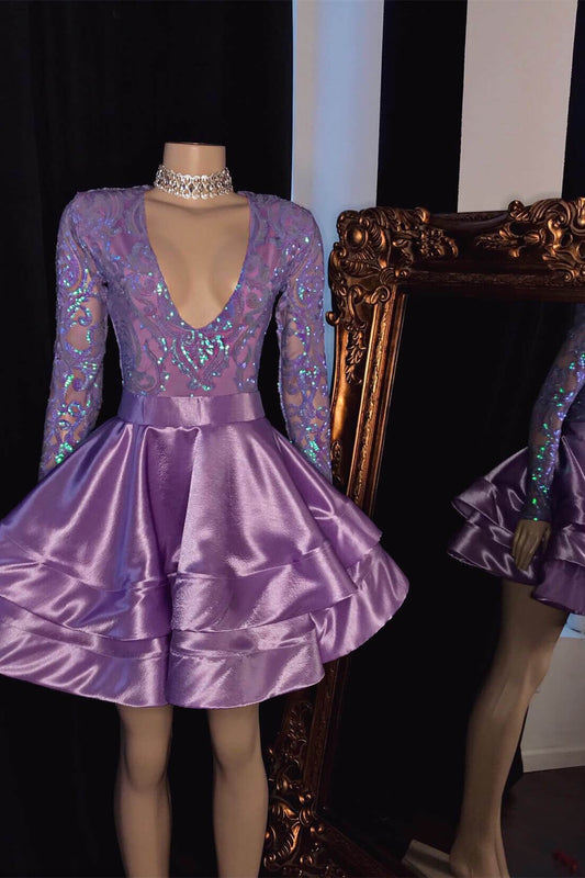 Short Purple Prom Dress Long Sleeves With V Neck Appliques