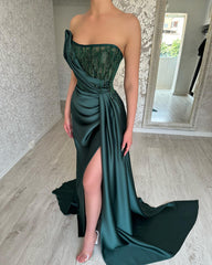 Beautiful Dark Green Strapless Prom Dresses Slit Long With Beadings