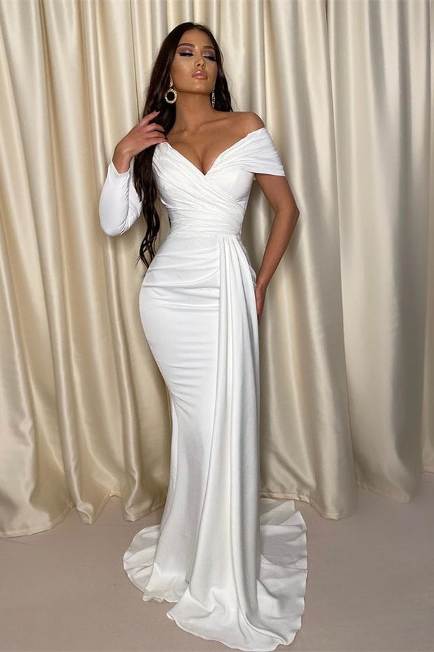 Chic White Mermaid Prom Dress Off-the-Shoulder V Neck Pleated