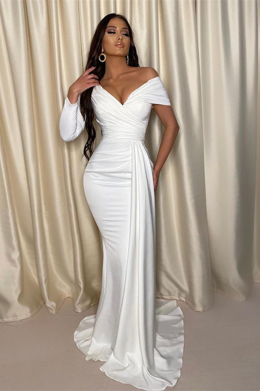 Chic White Mermaid Prom Dress Off-the-Shoulder V Neck Pleated