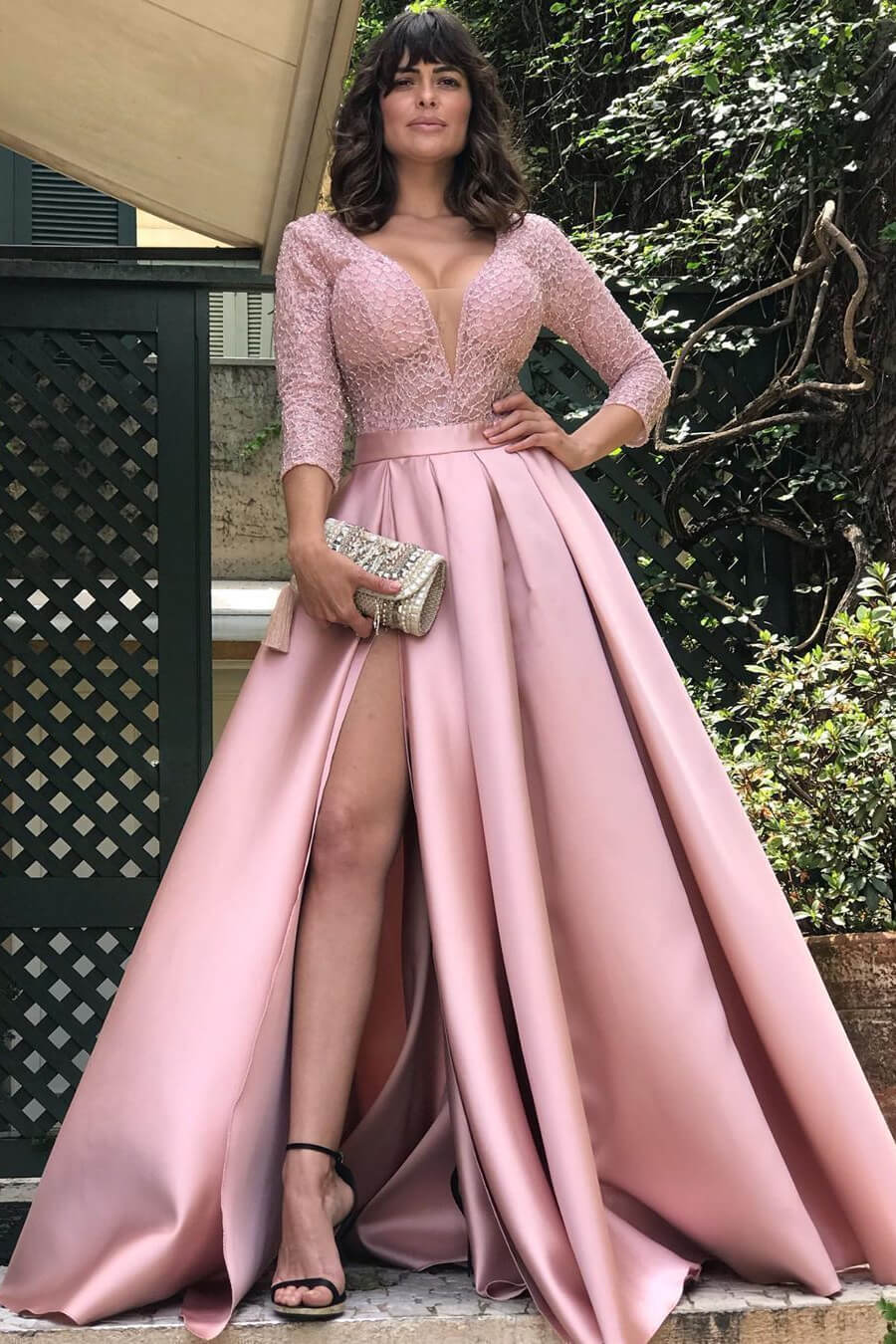 Glamorous Deep V-Neck Satin Long Prom Dress Split with Lace
