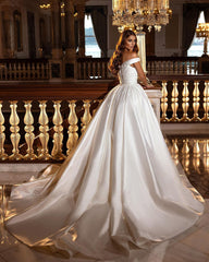 Miabel Sweetheart Backless Satin A-Line Off-The-Shoulder Bridal Gown with Ruffled Appliques