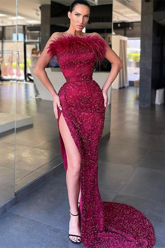 Stunning Strapless Burgundy Mermaid Split Prom Dress With Beads Feathers