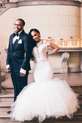 Elegant Off-the-Shoulder Mermaid Wedding Dress with Long Sleeves and Tulle Appliques
