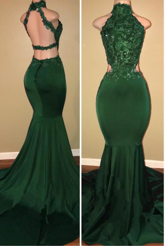 Green High Neck Mermaid Prom Dress Long With Lace Appliques