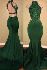 Green High Neck Mermaid Prom Dress Long With Lace Appliques