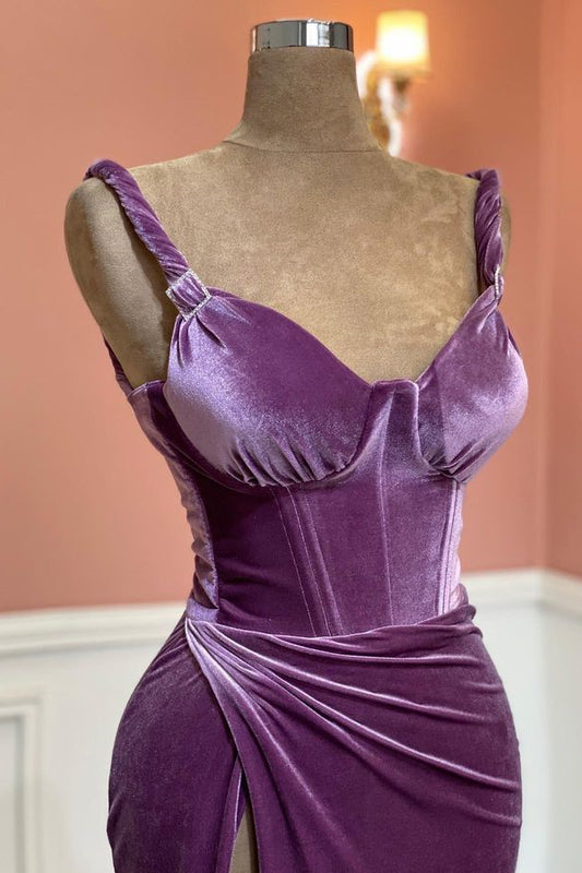 Modern Purple Sweetheart Mermaid Velvet Prom Dress With Split