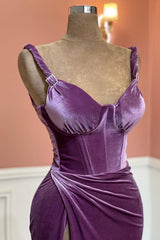 Modern Purple Sweetheart Mermaid Velvet Prom Dress With Split