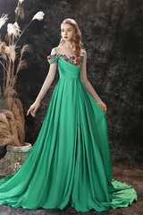 Gorgeous Green Off-the-Shoulder Long Prom Dresses Split With Flower Embrodiary