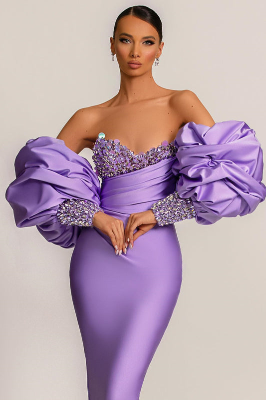 Glamorous Lilac Bubble Long Sleeves Prom Dresses Mermaid Sweetheart With Sequins