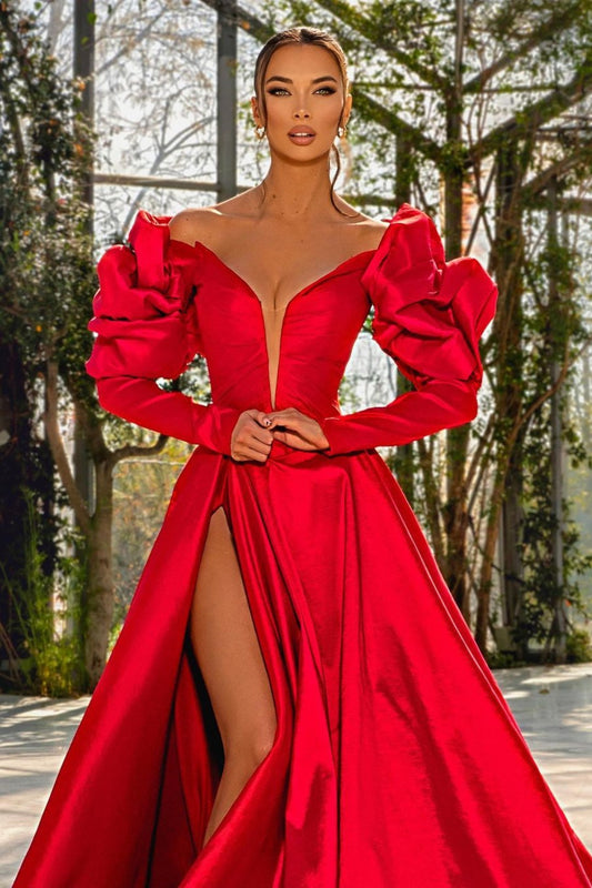 Stunning Red Long Sleeves Prom Dresses V-Neck Slit Long
