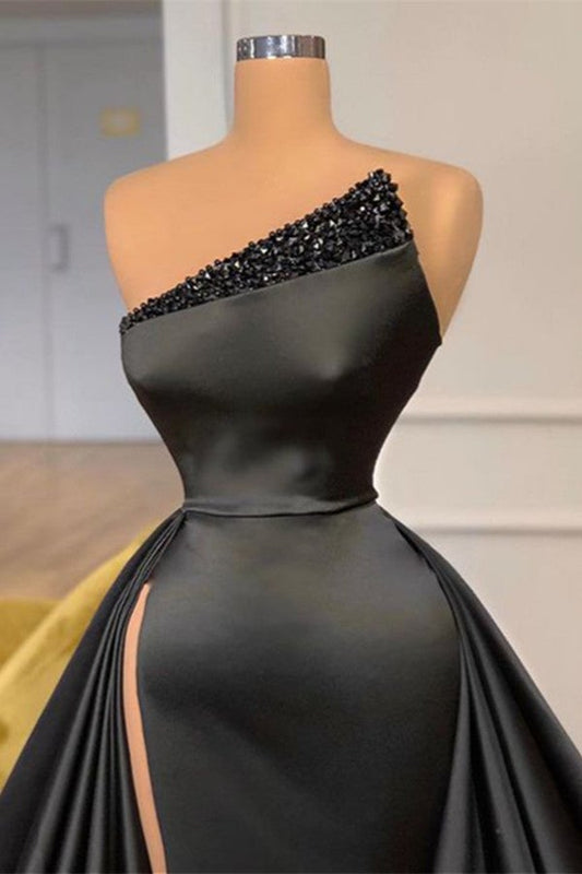 Fabulous Black Overskirt Long Prom Dress With Slit Beads