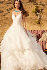 V-neck A-line Wedding Dress with Elegant Ruffles, Spaghetti Straps, and Tulle Backless Design