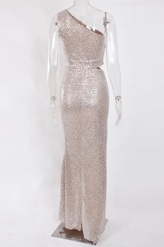 One Shoulder Sequins Prom Dress Long Mermaid Party Gowns With Slit