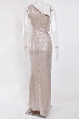 One Shoulder Sequins Prom Dress Long Mermaid Party Gowns With Slit
