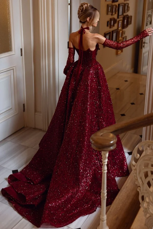 Burgundy Sleeveless Strapless V-Neck A-Line Beads Prom Dress With Gloves