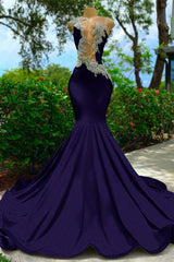 Royal Blue Sleeveless Mermaid Prom Dress with Sexy Cut Out and Appliques
