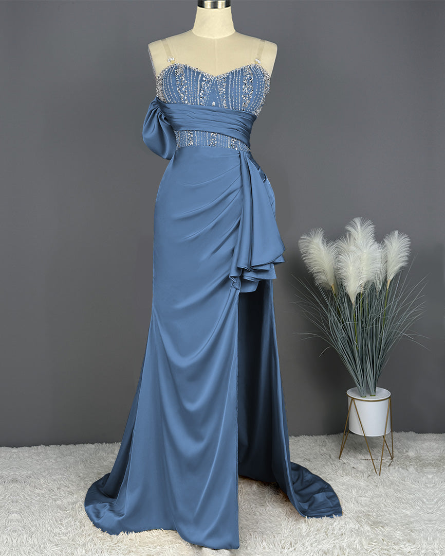 Elegant Spaghetti Straps Split Mermaid Prom Dress Long Pleated Sleeveless Evening Gown with Beading Sequins
