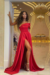 Modern One Shoulder Red Slit Prom Dress Long