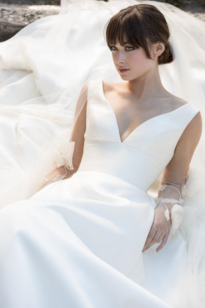 V-Neck Sleeveless Satin Bridal Gown