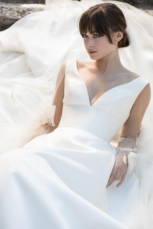 V-Neck Sleeveless Satin Bridal Gown