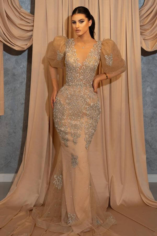 Puff Sleeves Long Mermaid Beads Prom Dress with Lace Appliques