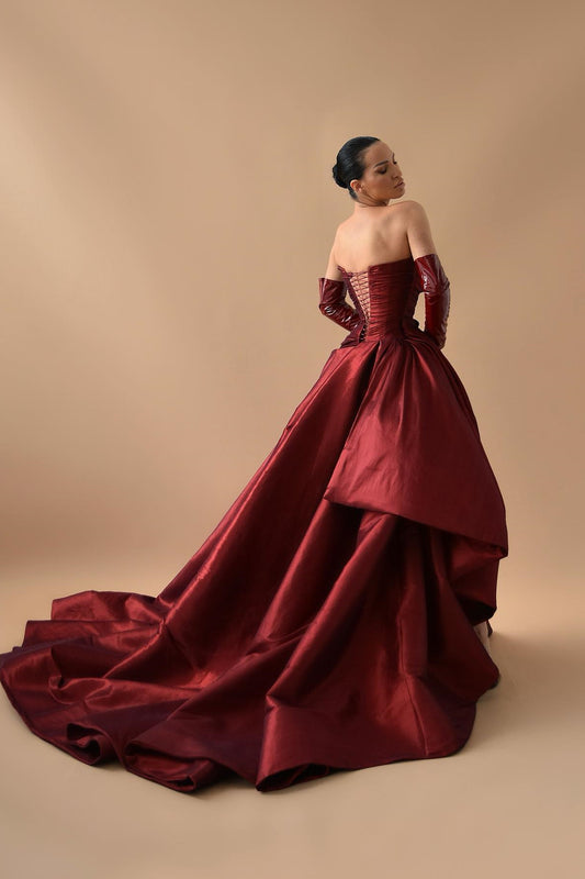 Fabulous Strapless Burgundy Prom Dress Pleats High Split Long