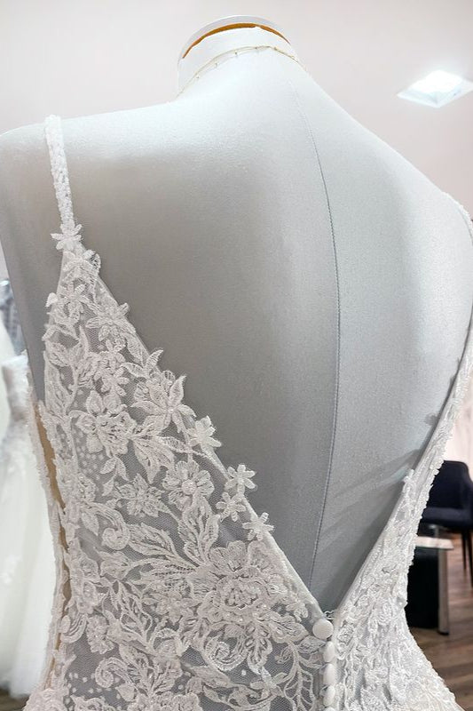 Long A-line V-neck Wedding Dress with Spaghetti Straps and Backless Tulle Lace