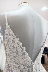 Long A-line V-neck Wedding Dress with Spaghetti Straps and Backless Tulle Lace