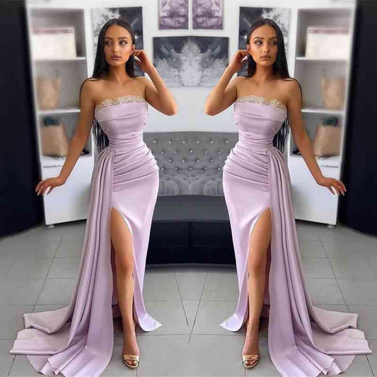 Lavender Evening Dress Off-the-Shoulder Sleeveless Pleated with Applique Slit