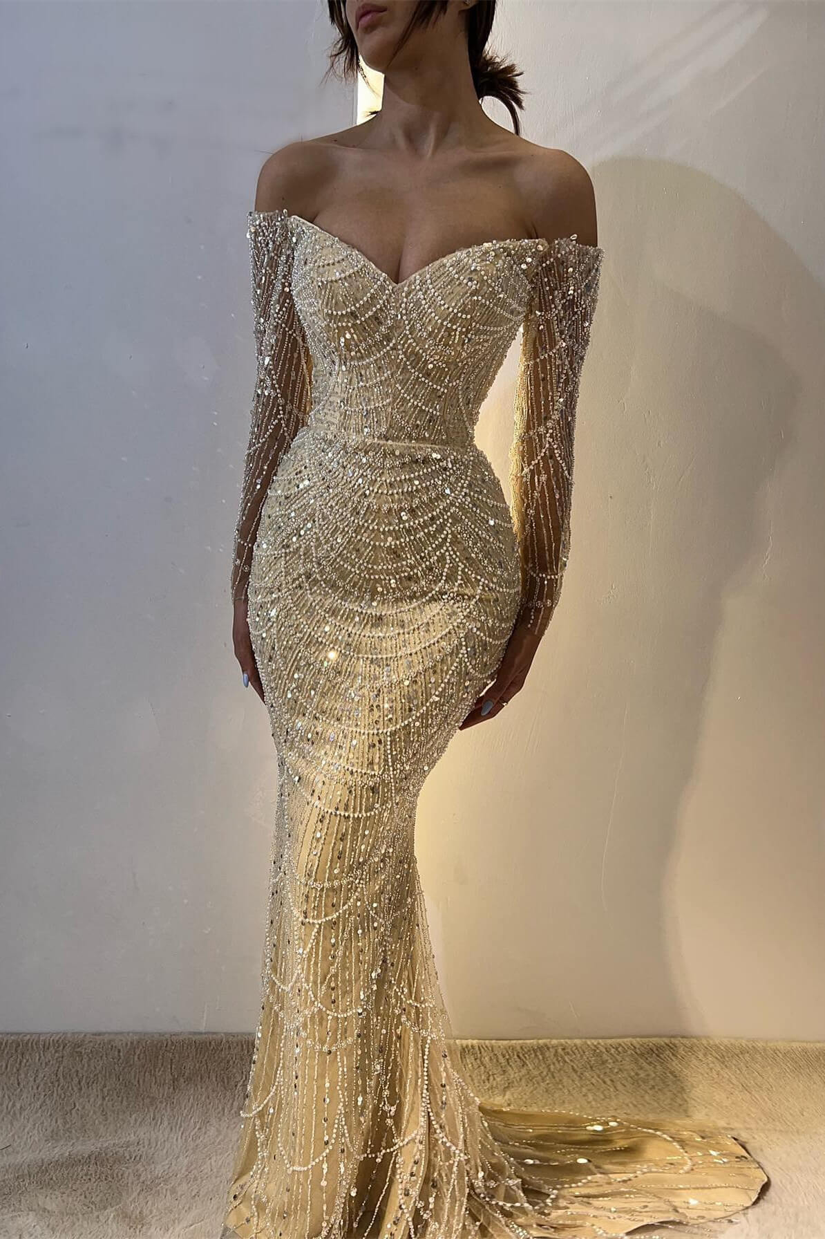 Stunning Off-the-Shoulder Long Sleeves Evening Prom Dress Mermaid Sequins Beadings With Pearls