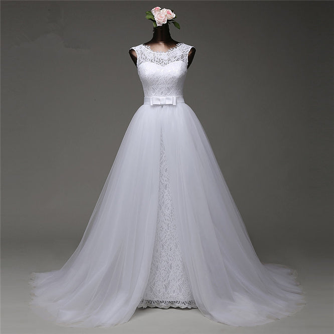 Elegant Jewel-Embellished Sleeveless Lace Wedding Gown Featuring a Tulle Overskirt
