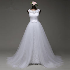 Elegant Jewel-Embellished Sleeveless Lace Wedding Gown Featuring a Tulle Overskirt