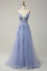 Dusty Pink Spaghetti Strap Tulle V Neck Prom Dress with Lace Appliques