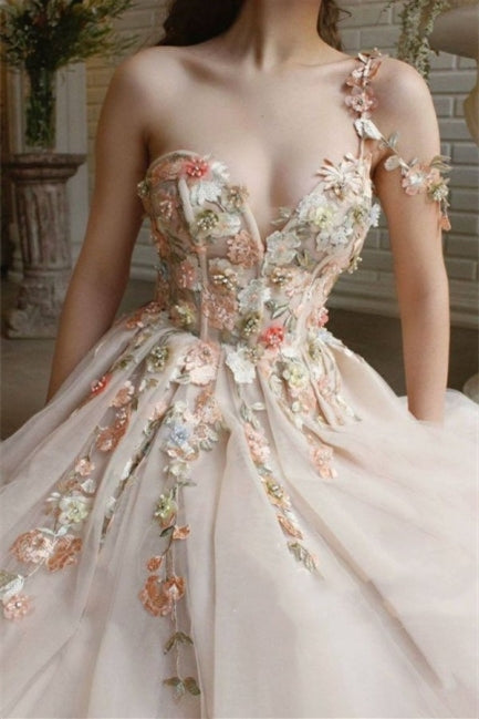 Classic One Shoulder Prom Dress Tulle With Flowers Split