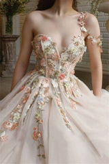 Classic One Shoulder Prom Dress Tulle With Flowers Split