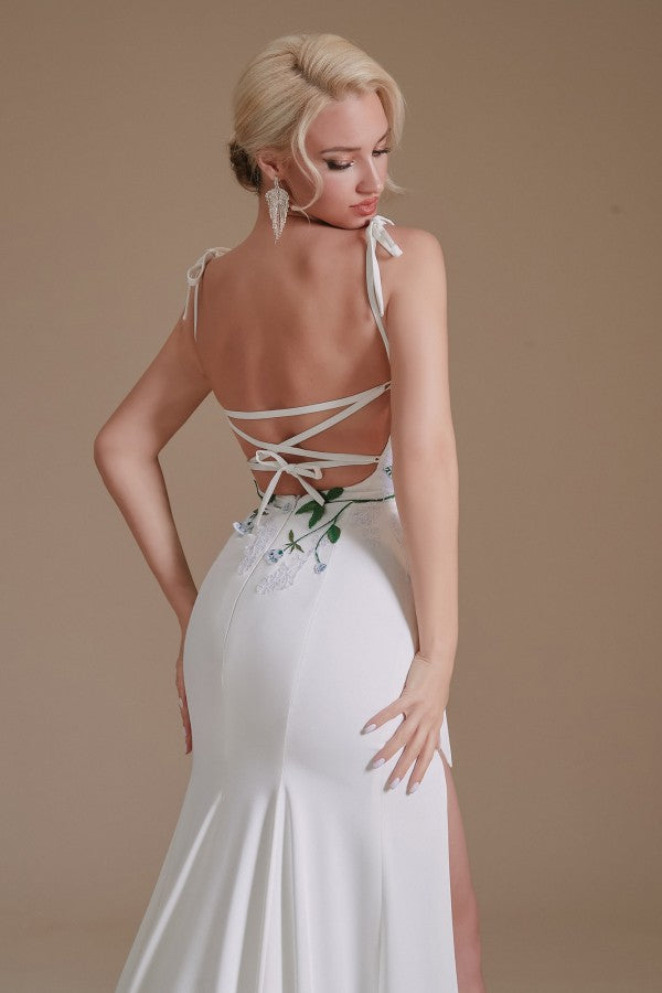 Elegant Satin Mermaid Wedding Gown with Spaghetti Straps, Open Back, and Slit
