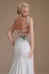 Elegant Satin Mermaid Wedding Gown with Spaghetti Straps, Open Back, and Slit