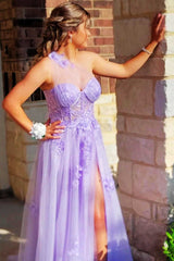 Gorgeous Lilac One Shoulder Sleeveless A-Line Prom Dress Appliques Tulle With High Split