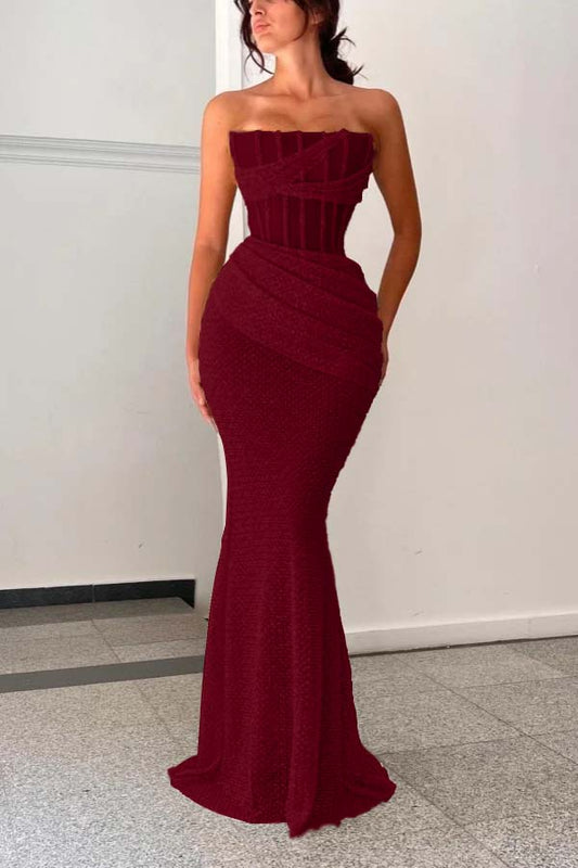 Burgundy Sleeveless Strapless Square Mermaid Prom Dress With Pleated